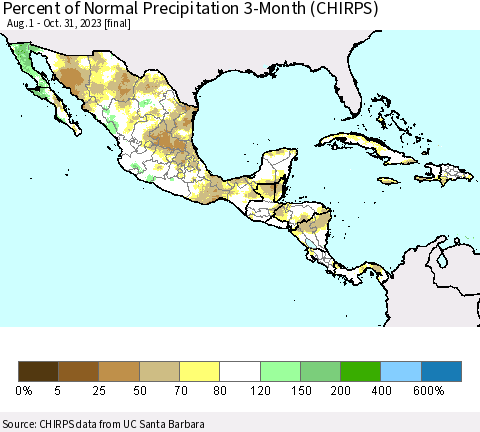 Mexico Central America and the Caribbean Percent of Normal Precipitation 3-Month (CHIRPS) Thematic Map For 8/1/2023 - 10/31/2023