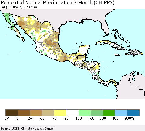Mexico Central America and the Caribbean Percent of Normal Precipitation 3-Month (CHIRPS) Thematic Map For 8/6/2023 - 11/5/2023