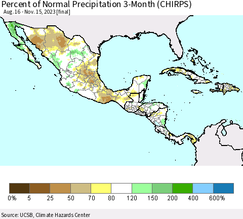 Mexico Central America and the Caribbean Percent of Normal Precipitation 3-Month (CHIRPS) Thematic Map For 8/16/2023 - 11/15/2023