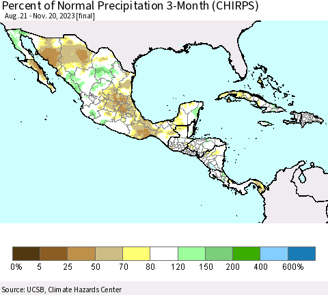 Mexico Central America and the Caribbean Percent of Normal Precipitation 3-Month (CHIRPS) Thematic Map For 8/21/2023 - 11/20/2023