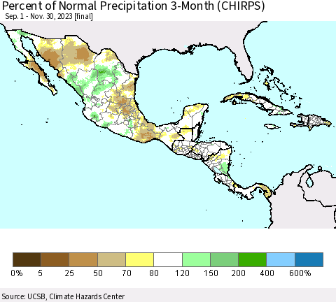 Mexico Central America and the Caribbean Percent of Normal Precipitation 3-Month (CHIRPS) Thematic Map For 9/1/2023 - 11/30/2023