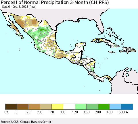 Mexico Central America and the Caribbean Percent of Normal Precipitation 3-Month (CHIRPS) Thematic Map For 9/6/2023 - 12/5/2023