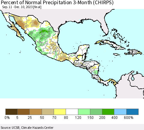 Mexico Central America and the Caribbean Percent of Normal Precipitation 3-Month (CHIRPS) Thematic Map For 9/11/2023 - 12/10/2023