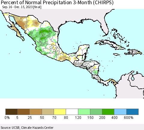 Mexico Central America and the Caribbean Percent of Normal Precipitation 3-Month (CHIRPS) Thematic Map For 9/16/2023 - 12/15/2023