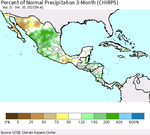 Mexico Central America and the Caribbean Percent of Normal Precipitation 3-Month (CHIRPS) Thematic Map For 9/21/2023 - 12/20/2023