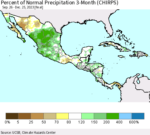 Mexico Central America and the Caribbean Percent of Normal Precipitation 3-Month (CHIRPS) Thematic Map For 9/26/2023 - 12/25/2023