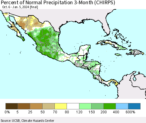 Mexico Central America and the Caribbean Percent of Normal Precipitation 3-Month (CHIRPS) Thematic Map For 10/6/2023 - 1/5/2024