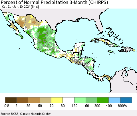 Mexico Central America and the Caribbean Percent of Normal Precipitation 3-Month (CHIRPS) Thematic Map For 10/11/2023 - 1/10/2024