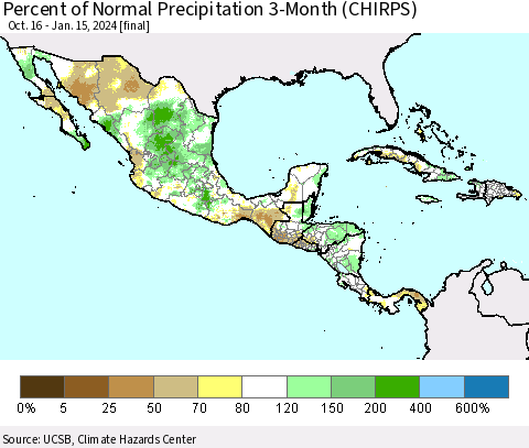 Mexico Central America and the Caribbean Percent of Normal Precipitation 3-Month (CHIRPS) Thematic Map For 10/16/2023 - 1/15/2024