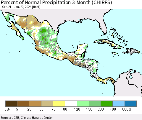 Mexico Central America and the Caribbean Percent of Normal Precipitation 3-Month (CHIRPS) Thematic Map For 10/21/2023 - 1/20/2024
