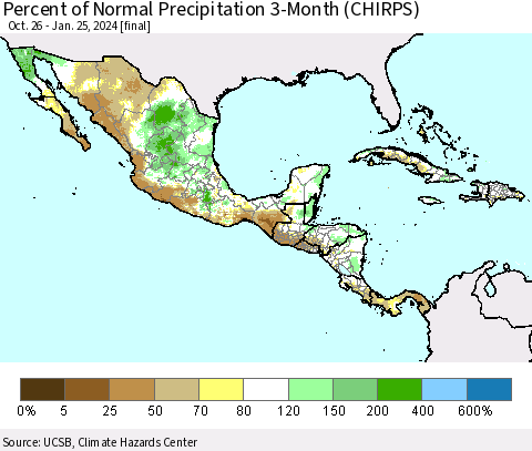 Mexico Central America and the Caribbean Percent of Normal Precipitation 3-Month (CHIRPS) Thematic Map For 10/26/2023 - 1/25/2024