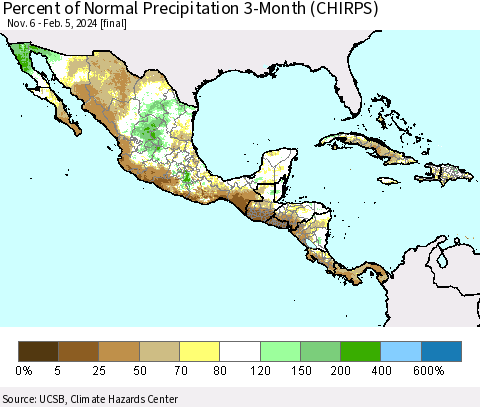 Mexico Central America and the Caribbean Percent of Normal Precipitation 3-Month (CHIRPS) Thematic Map For 11/6/2023 - 2/5/2024