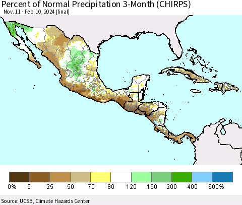 Mexico Central America and the Caribbean Percent of Normal Precipitation 3-Month (CHIRPS) Thematic Map For 11/11/2023 - 2/10/2024
