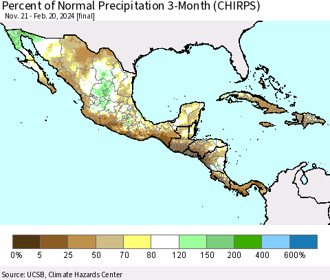 Mexico Central America and the Caribbean Percent of Normal Precipitation 3-Month (CHIRPS) Thematic Map For 11/21/2023 - 2/20/2024