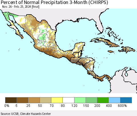 Mexico Central America and the Caribbean Percent of Normal Precipitation 3-Month (CHIRPS) Thematic Map For 11/26/2023 - 2/25/2024