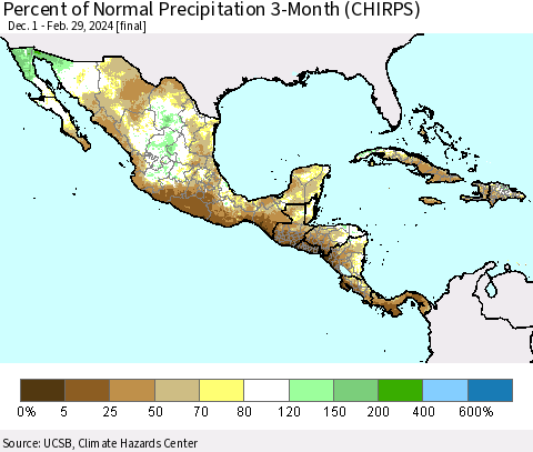 Mexico Central America and the Caribbean Percent of Normal Precipitation 3-Month (CHIRPS) Thematic Map For 12/1/2023 - 2/29/2024