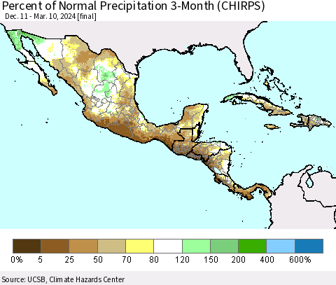 Mexico Central America and the Caribbean Percent of Normal Precipitation 3-Month (CHIRPS) Thematic Map For 12/11/2023 - 3/10/2024