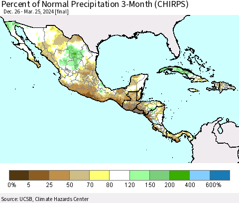 Mexico Central America and the Caribbean Percent of Normal Precipitation 3-Month (CHIRPS) Thematic Map For 12/26/2023 - 3/25/2024