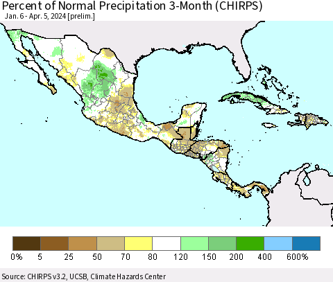 Mexico Central America and the Caribbean Percent of Normal Precipitation 3-Month (CHIRPS) Thematic Map For 1/6/2024 - 4/5/2024