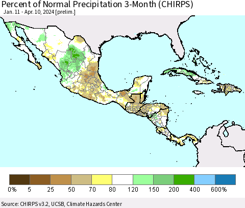 Mexico Central America and the Caribbean Percent of Normal Precipitation 3-Month (CHIRPS) Thematic Map For 1/11/2024 - 4/10/2024