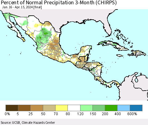 Mexico Central America and the Caribbean Percent of Normal Precipitation 3-Month (CHIRPS) Thematic Map For 1/16/2024 - 4/15/2024
