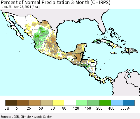 Mexico Central America and the Caribbean Percent of Normal Precipitation 3-Month (CHIRPS) Thematic Map For 1/26/2024 - 4/25/2024