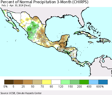 Mexico Central America and the Caribbean Percent of Normal Precipitation 3-Month (CHIRPS) Thematic Map For 2/1/2024 - 4/30/2024