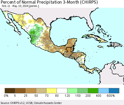Mexico Central America and the Caribbean Percent of Normal Precipitation 3-Month (CHIRPS) Thematic Map For 2/11/2024 - 5/10/2024