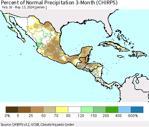 Mexico Central America and the Caribbean Percent of Normal Precipitation 3-Month (CHIRPS) Thematic Map For 2/16/2024 - 5/15/2024