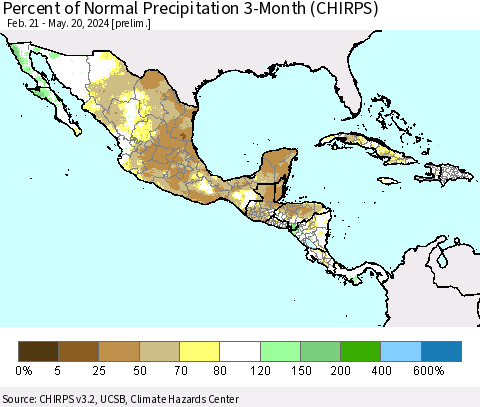 Mexico Central America and the Caribbean Percent of Normal Precipitation 3-Month (CHIRPS) Thematic Map For 2/21/2024 - 5/20/2024