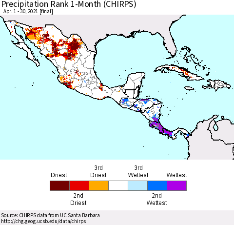 Mexico Central America and the Caribbean Precipitation Rank since 1981, 1-Month (CHIRPS) Thematic Map For 4/1/2021 - 4/30/2021