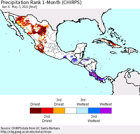 Mexico Central America and the Caribbean Precipitation Rank since 1981, 1-Month (CHIRPS) Thematic Map For 4/6/2021 - 5/5/2021
