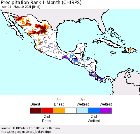 Mexico Central America and the Caribbean Precipitation Rank since 1981, 1-Month (CHIRPS) Thematic Map For 4/11/2021 - 5/10/2021