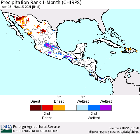 Mexico Central America and the Caribbean Precipitation Rank since 1981, 1-Month (CHIRPS) Thematic Map For 4/16/2021 - 5/15/2021
