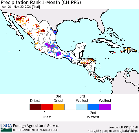 Mexico Central America and the Caribbean Precipitation Rank since 1981, 1-Month (CHIRPS) Thematic Map For 4/21/2021 - 5/20/2021