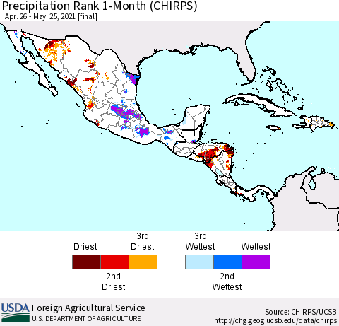 Mexico Central America and the Caribbean Precipitation Rank since 1981, 1-Month (CHIRPS) Thematic Map For 4/26/2021 - 5/25/2021