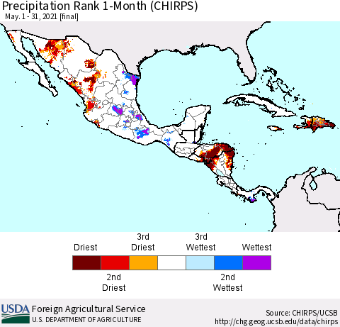 Mexico Central America and the Caribbean Precipitation Rank since 1981, 1-Month (CHIRPS) Thematic Map For 5/1/2021 - 5/31/2021