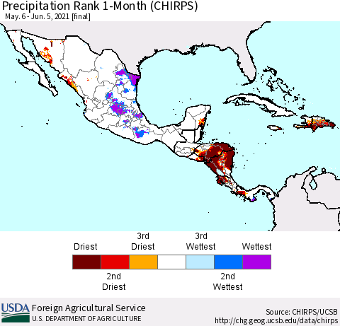 Mexico Central America and the Caribbean Precipitation Rank since 1981, 1-Month (CHIRPS) Thematic Map For 5/6/2021 - 6/5/2021