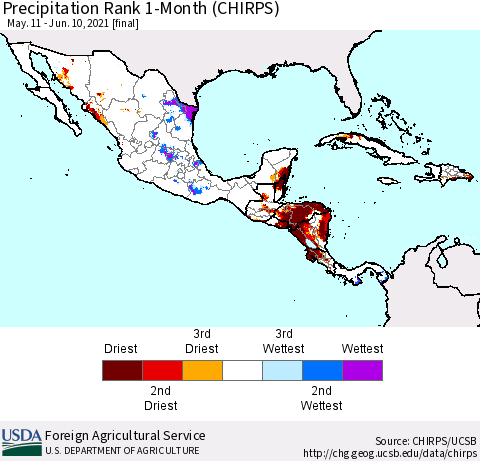 Mexico Central America and the Caribbean Precipitation Rank since 1981, 1-Month (CHIRPS) Thematic Map For 5/11/2021 - 6/10/2021