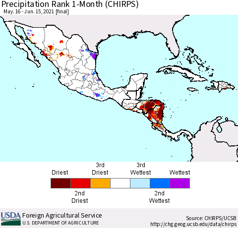 Mexico Central America and the Caribbean Precipitation Rank since 1981, 1-Month (CHIRPS) Thematic Map For 5/16/2021 - 6/15/2021