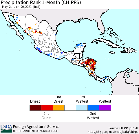 Mexico Central America and the Caribbean Precipitation Rank since 1981, 1-Month (CHIRPS) Thematic Map For 5/21/2021 - 6/20/2021