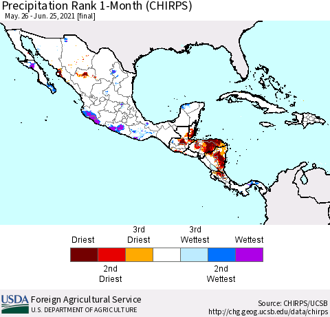 Mexico Central America and the Caribbean Precipitation Rank since 1981, 1-Month (CHIRPS) Thematic Map For 5/26/2021 - 6/25/2021