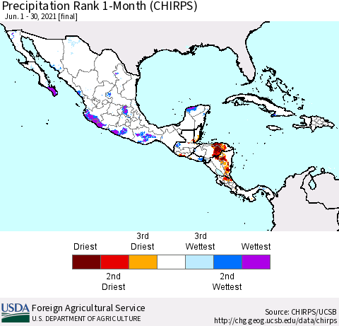 Mexico Central America and the Caribbean Precipitation Rank since 1981, 1-Month (CHIRPS) Thematic Map For 6/1/2021 - 6/30/2021
