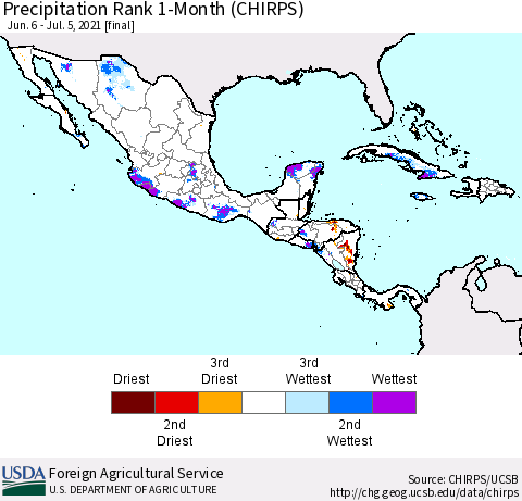 Mexico Central America and the Caribbean Precipitation Rank since 1981, 1-Month (CHIRPS) Thematic Map For 6/6/2021 - 7/5/2021
