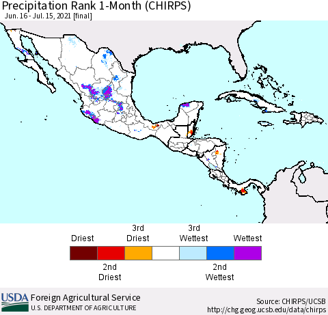 Mexico Central America and the Caribbean Precipitation Rank since 1981, 1-Month (CHIRPS) Thematic Map For 6/16/2021 - 7/15/2021