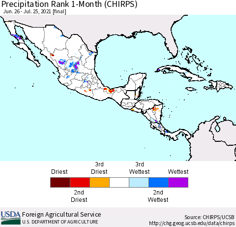 Mexico Central America and the Caribbean Precipitation Rank since 1981, 1-Month (CHIRPS) Thematic Map For 6/26/2021 - 7/25/2021