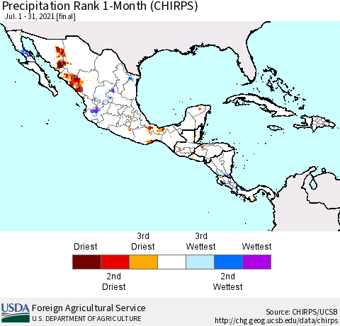 Mexico Central America and the Caribbean Precipitation Rank since 1981, 1-Month (CHIRPS) Thematic Map For 7/1/2021 - 7/31/2021