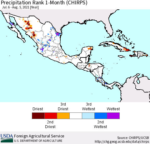 Mexico Central America and the Caribbean Precipitation Rank since 1981, 1-Month (CHIRPS) Thematic Map For 7/6/2021 - 8/5/2021