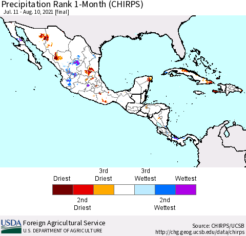 Mexico Central America and the Caribbean Precipitation Rank since 1981, 1-Month (CHIRPS) Thematic Map For 7/11/2021 - 8/10/2021