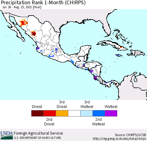 Mexico Central America and the Caribbean Precipitation Rank since 1981, 1-Month (CHIRPS) Thematic Map For 7/26/2021 - 8/25/2021